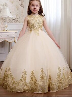 Girls' Gold and Cream Embroidered Tulle Ball Gown Dress
